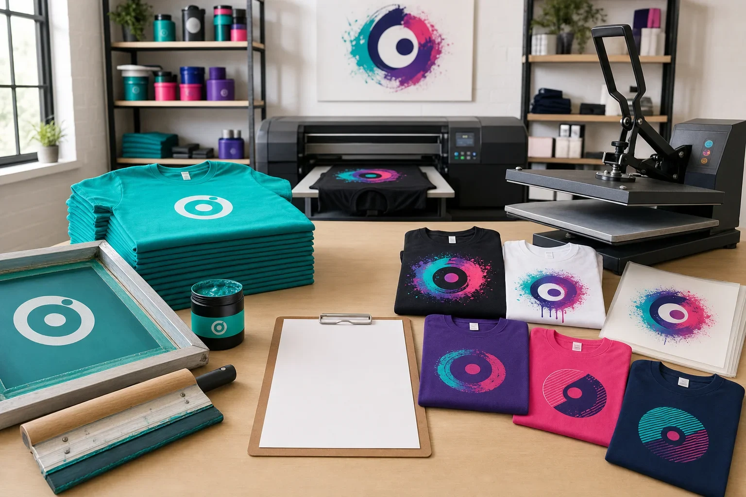 Custom shirts arranged in small and large apparel order groupings with simple and full color artwork examples