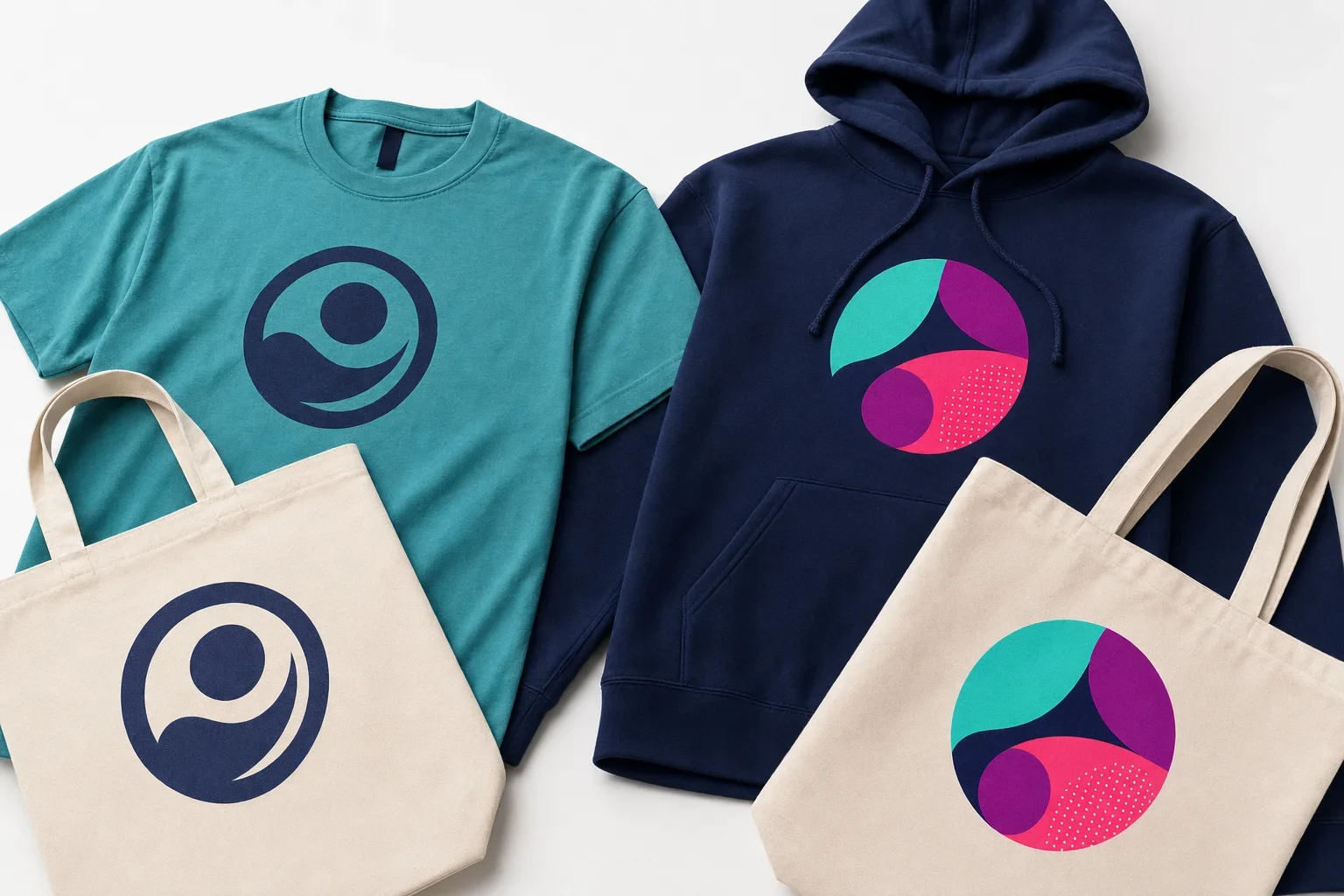 Side-by-side examples of simple one-color screen printing and colorful transfer decoration on shirts and tote bags