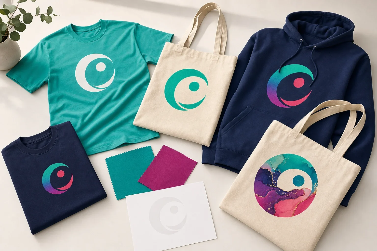 Custom apparel and tote bags showing screen printed and transfer decorated logos