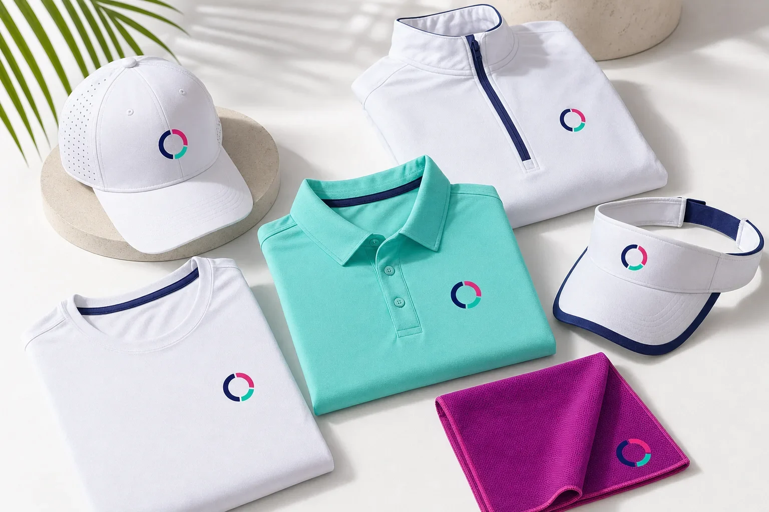 Summer promotional apparel including lightweight T-shirt, performance polo, cap, visor, and lightweight quarter zip