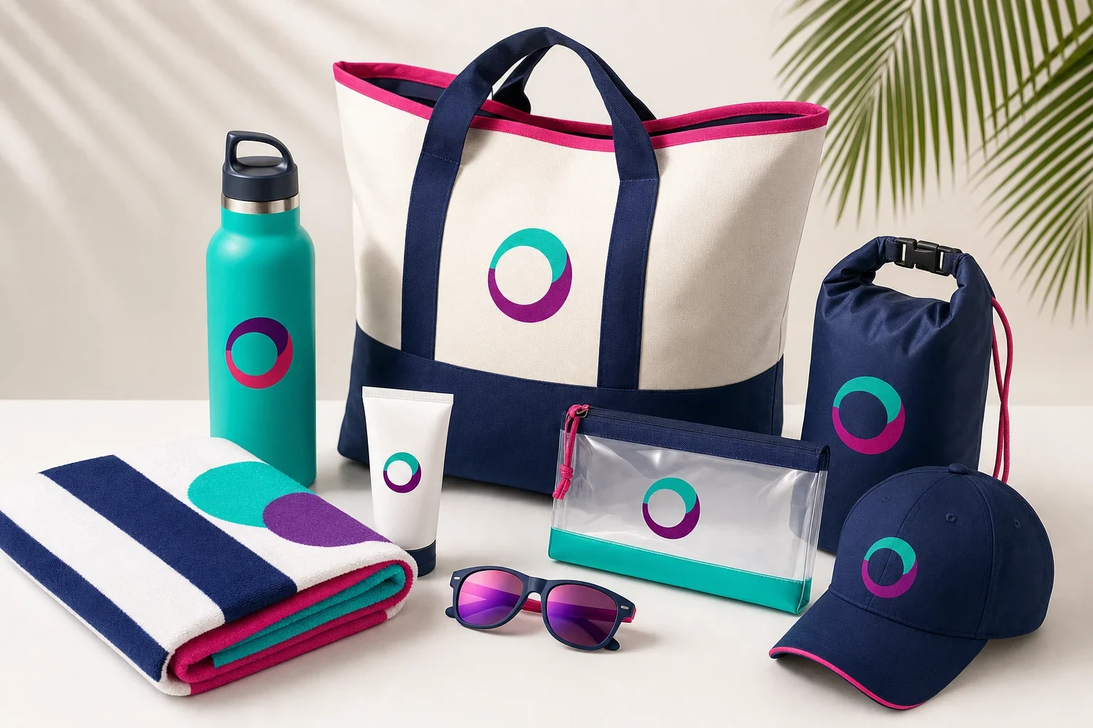 Beach and pool promotional products including beach towel, tote bag, waterproof pouch, sunglasses, sunscreen, water bottle, and cap