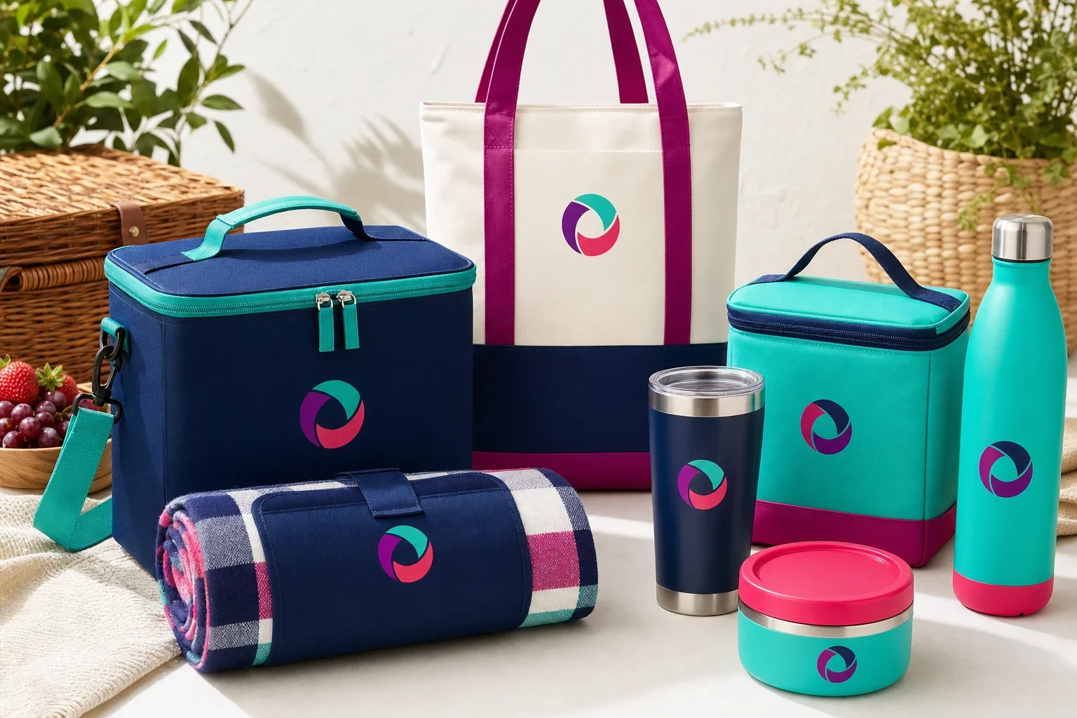 Summer cooler and picnic gifts including cooler bag, insulated tote, picnic blanket, lunch bag, tumbler, and water bottle