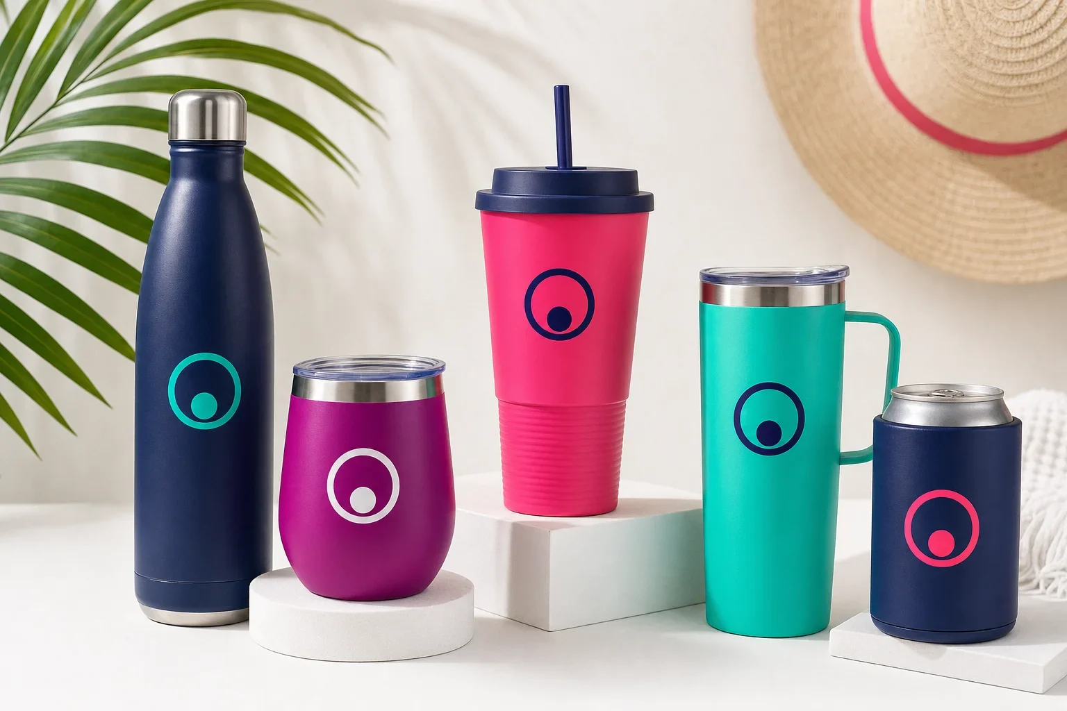 Summer drinkware promotional products including water bottle, insulated tumbler, reusable cup, travel cup, and can cooler