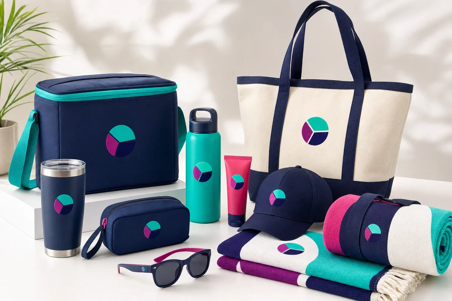 Summer gift kits including cooler bag, tumbler, picnic blanket, beach towel, sunglasses, sunscreen, water bottle, and travel pouch