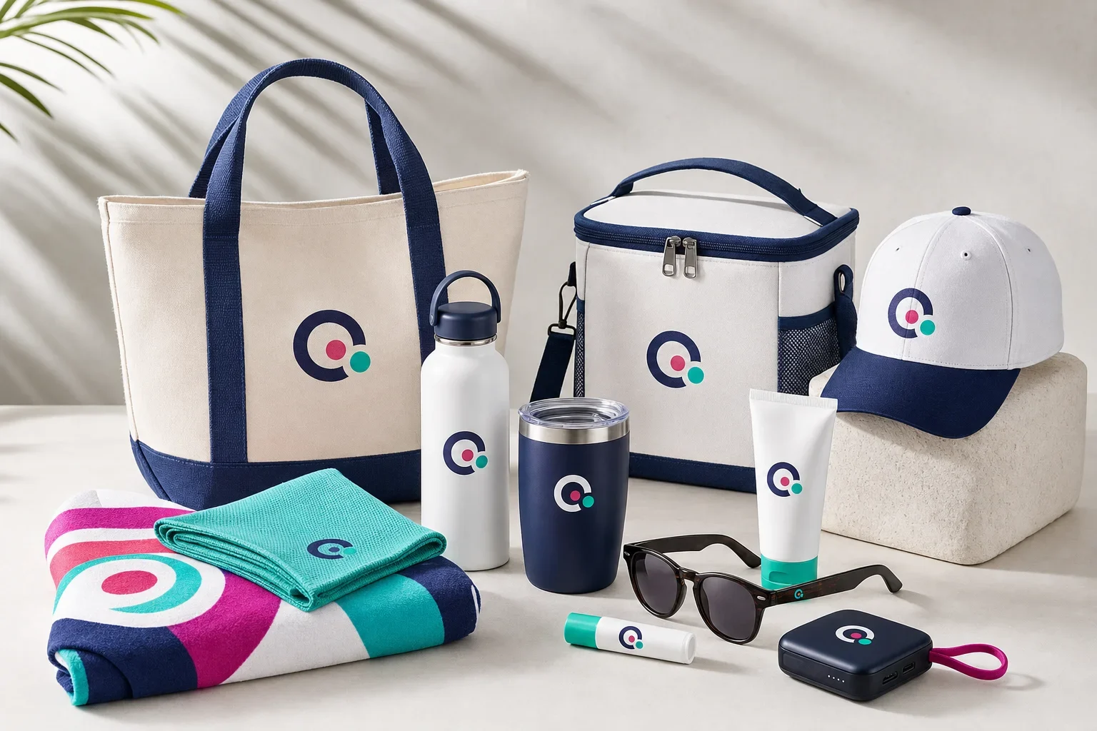 Summer promotional products including water bottle, tumbler, tote bag, sunglasses, sunscreen, cooling towel, cap, cooler bag, and beach towel