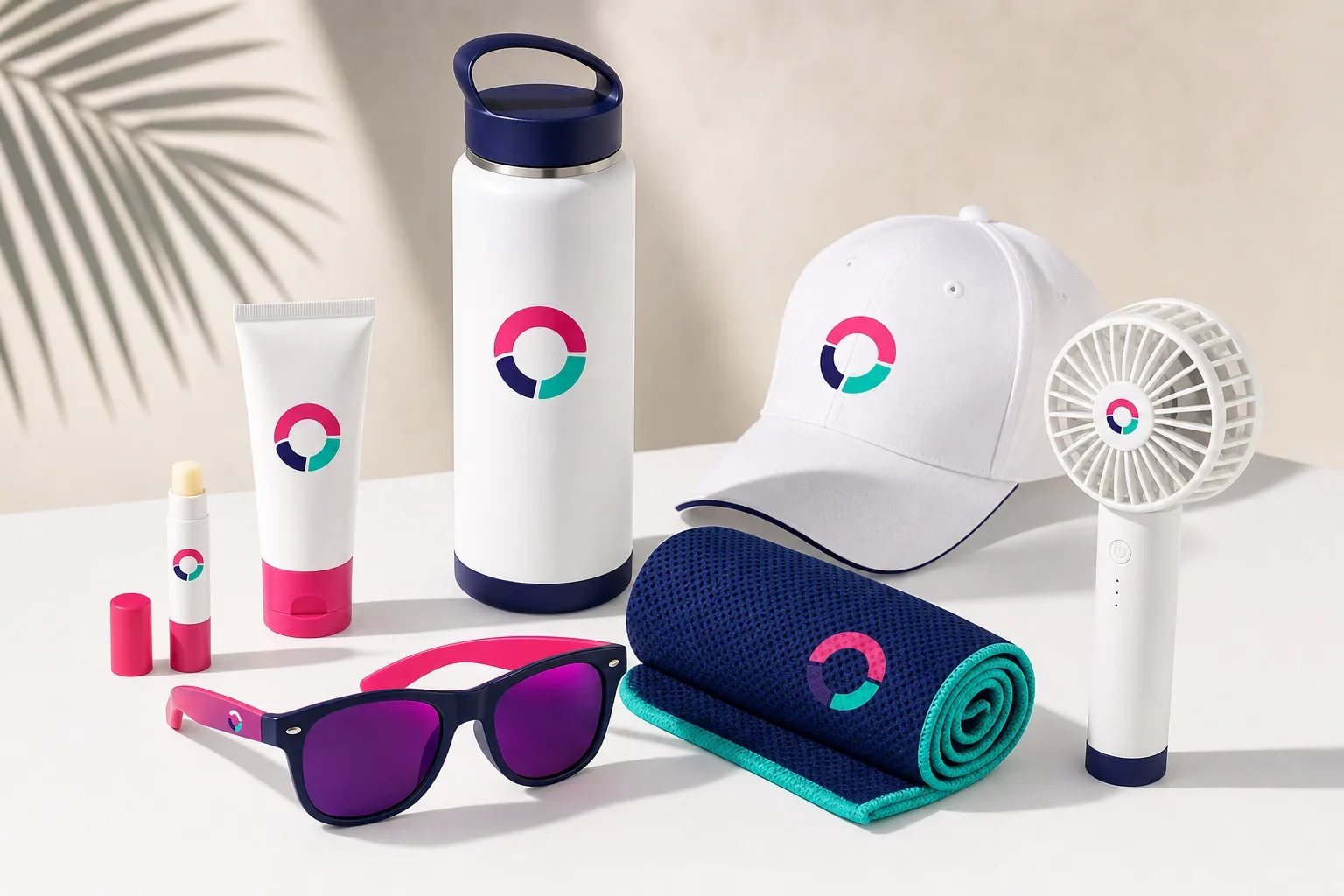 Hot weather promotional products including water bottle, cooling towel, sunscreen, sunglasses, lip balm, and cap
