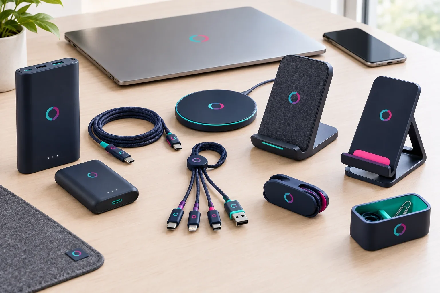 Promotional technology charging accessories including power banks, USB-C cables, wireless charging stands, phone stands, and cable organizers