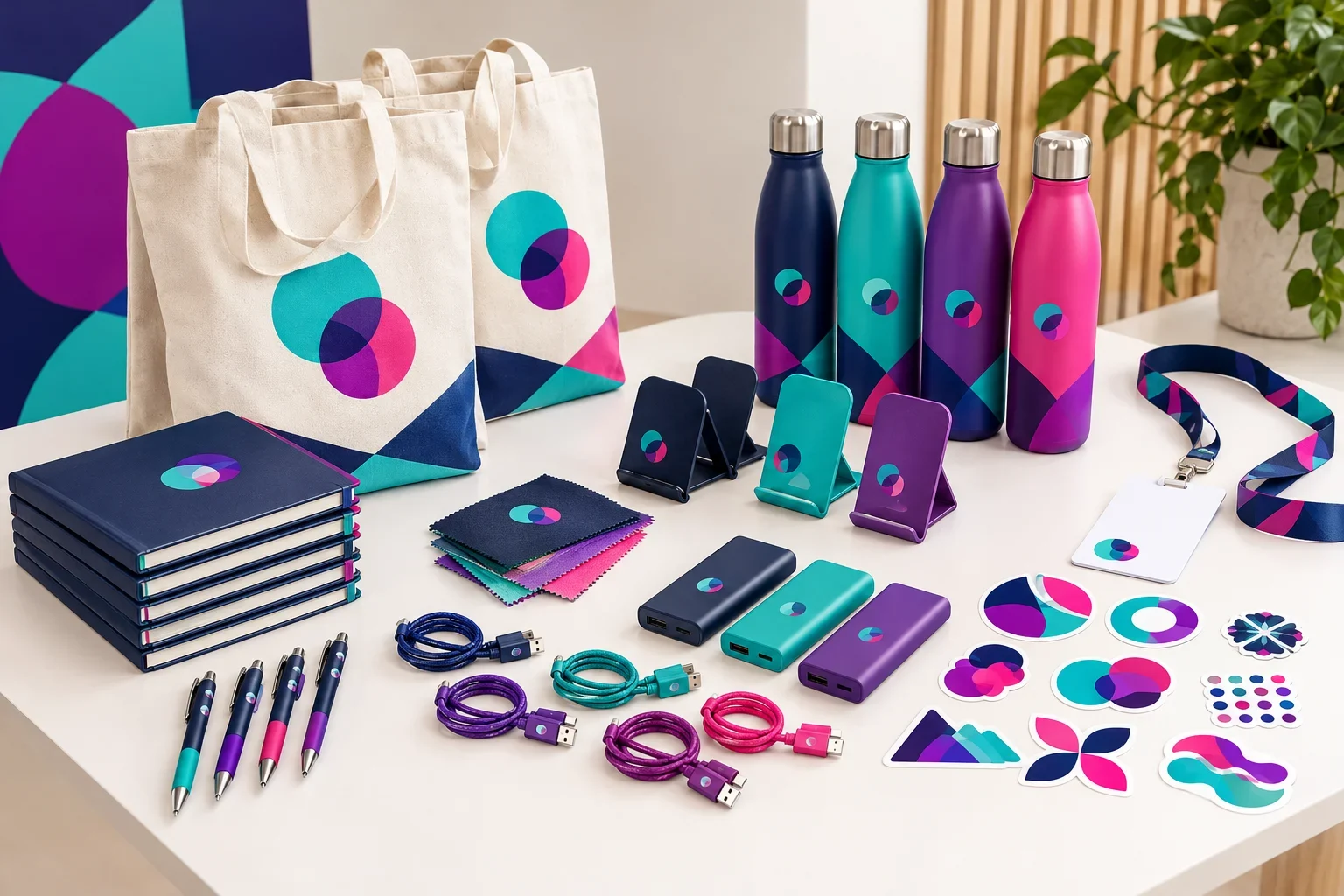 Technology conference giveaway products including charging cables, stickers, notebook, pen, water bottle, tote bag, power bank, and phone stand