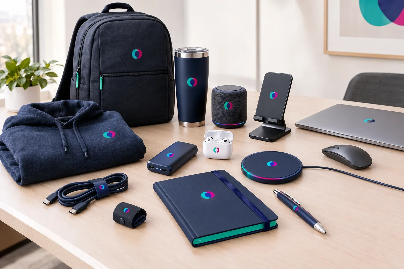 Technology company promotional products including power bank, wireless charger, charging cables, headphones, notebook, insulated tumbler, backpack, and branded apparel