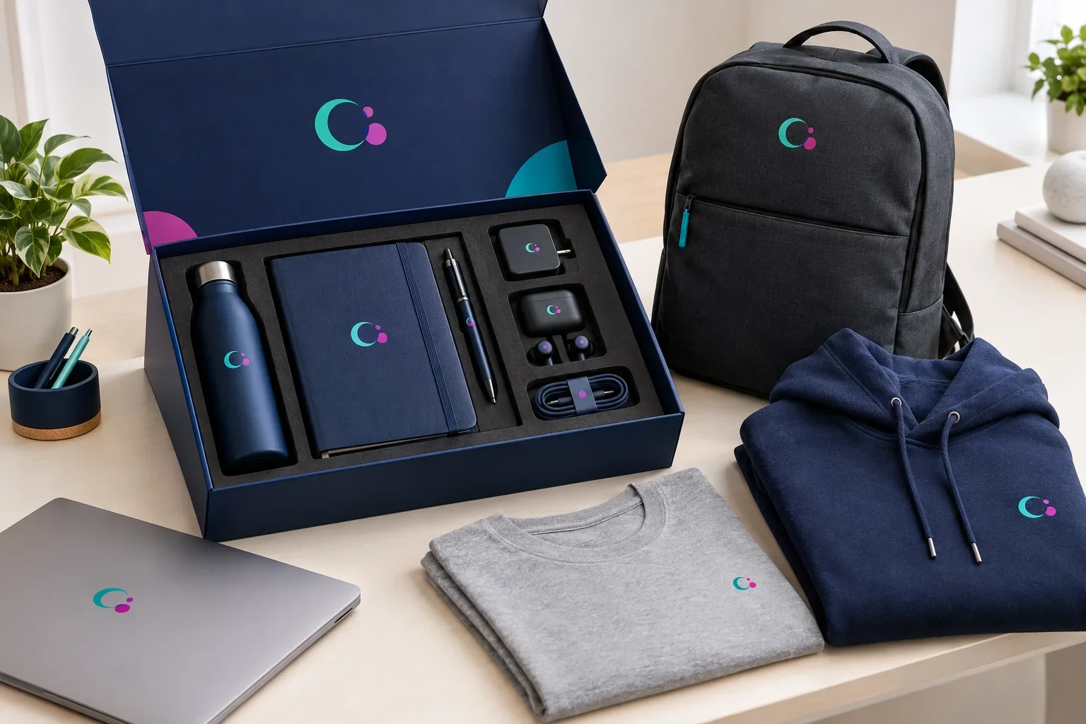 Technology company employee welcome kit including hoodie, backpack, water bottle, notebook, pen, headphones, and desktop accessories