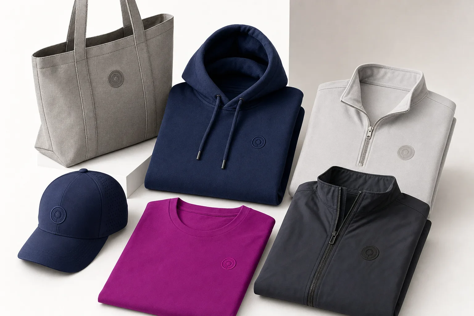 Trending promotional apparel including premium T-shirt, hoodie, quarter zip, lightweight jacket, cap, and tote bag
