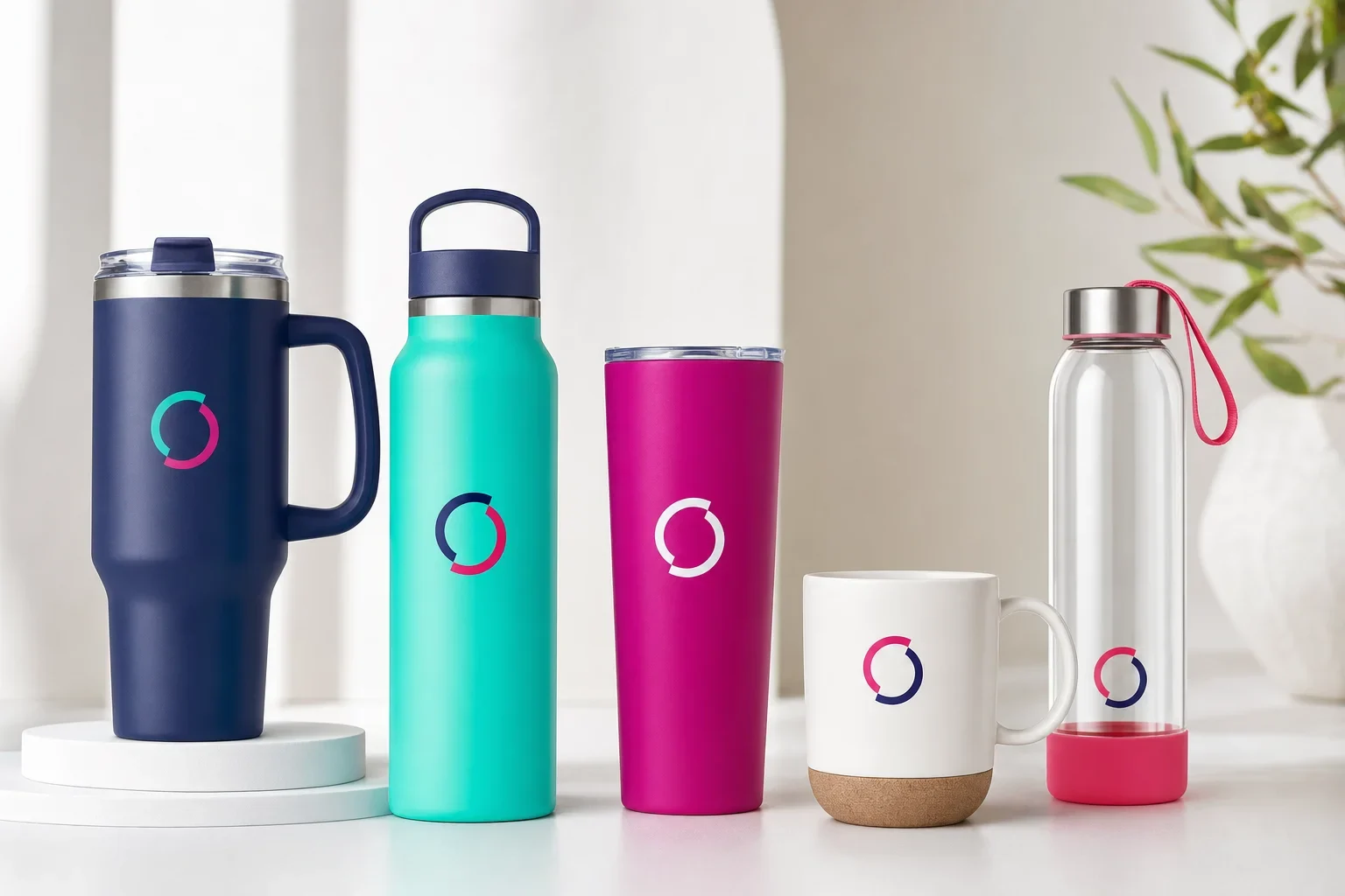 Trending promotional drinkware including handled tumbler, insulated bottle, travel cup, mug, and reusable bottle