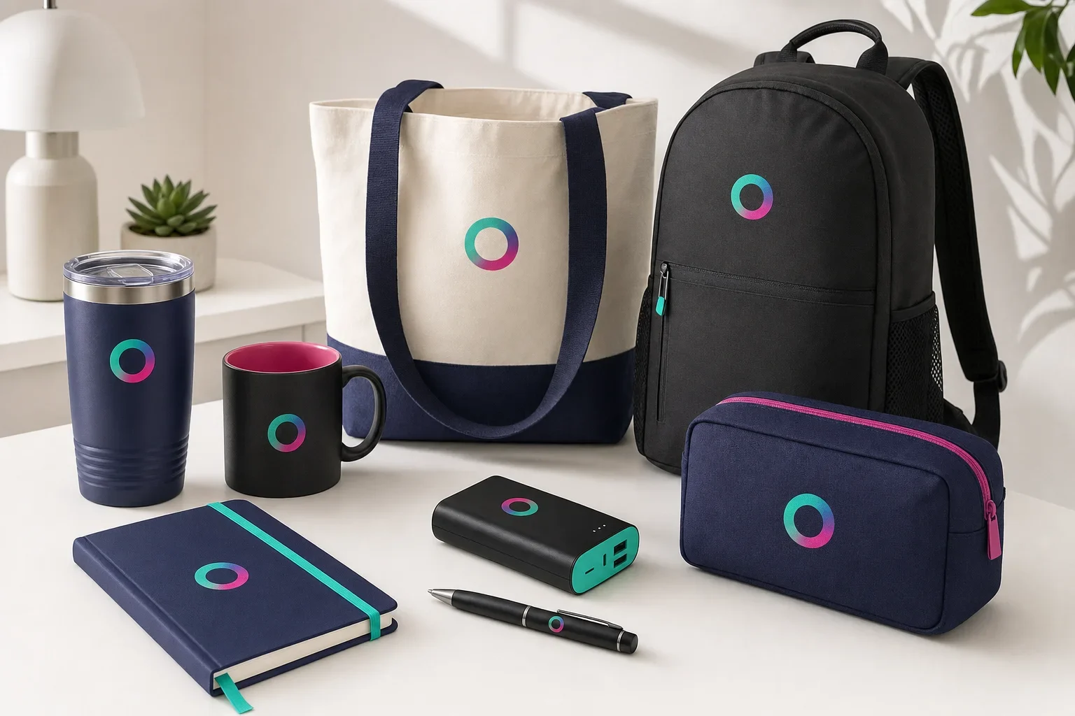 Useful everyday promotional products including tumbler, tote bag, notebook, pen, charger, backpack, mug, and travel pouch