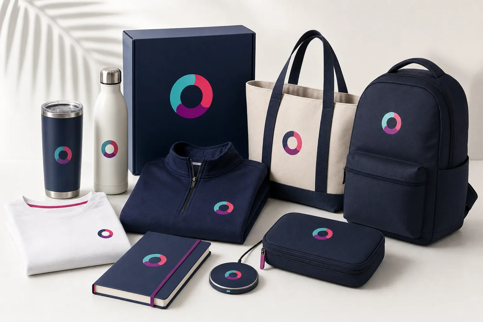 Trending promotional products including premium drinkware, apparel, tote bag, notebook, tech accessories, backpack, and gift kit