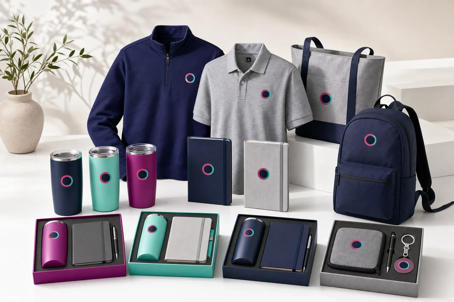 Personalized promotional product options including drinkware colors, apparel styles, notebooks, bags, and coordinated gift kits