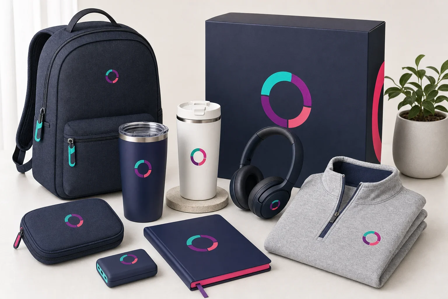 Premium retail-style promotional products including drinkware, backpack, headphones, notebook, charger, apparel, and gift packaging