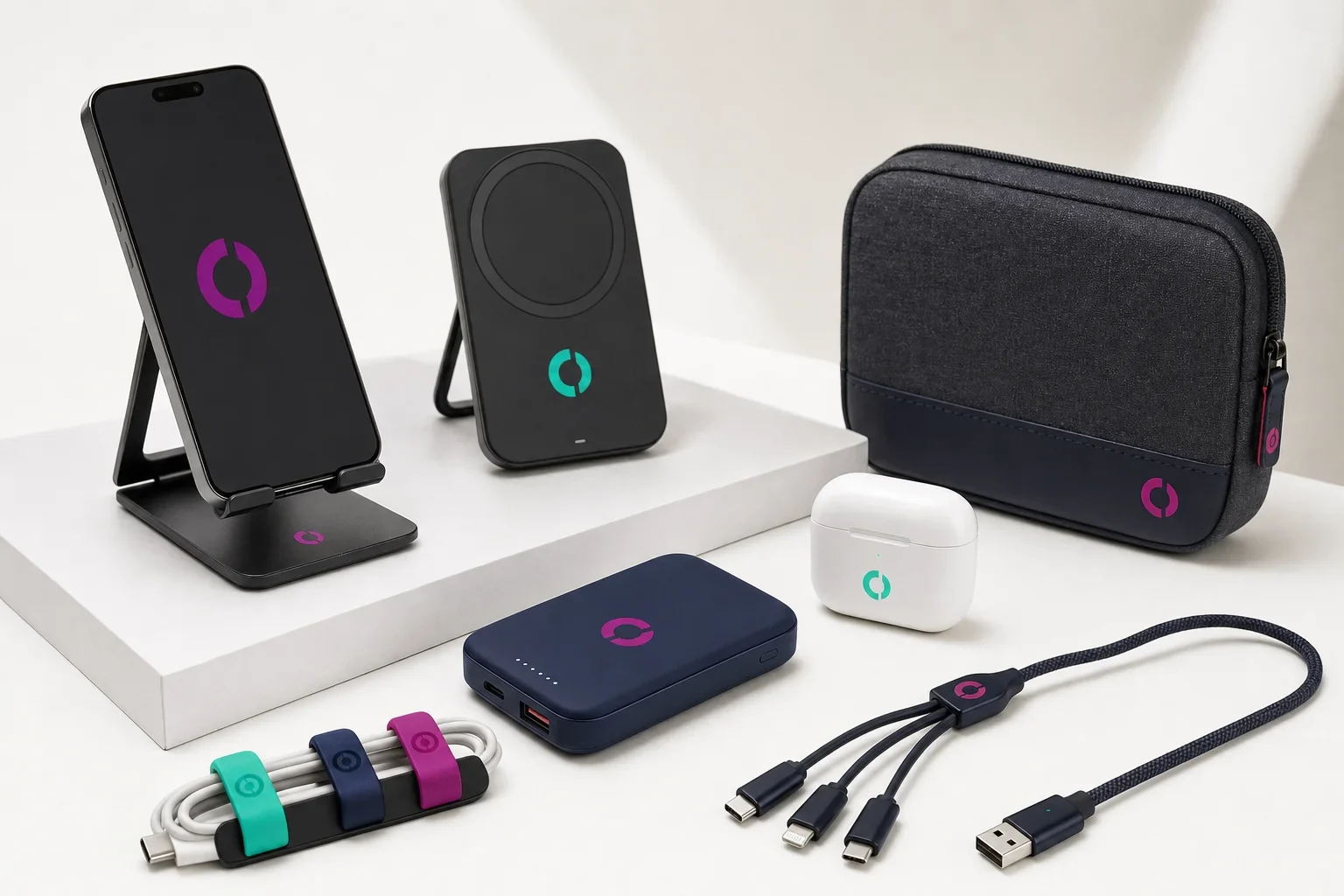 Trending promotional technology including power bank, wireless charger, earbuds, phone stand, cable organizer, and tech pouch