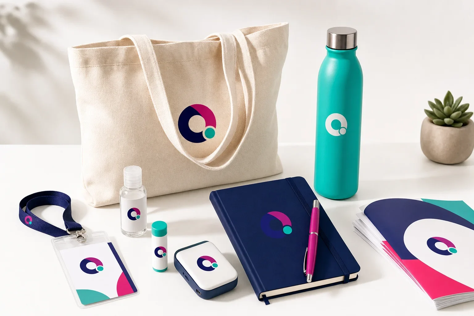 Trade show giveaway products including tote bag, drinkware, notebook, pen, badge lanyard, tech accessory, lip balm, and hand sanitizer