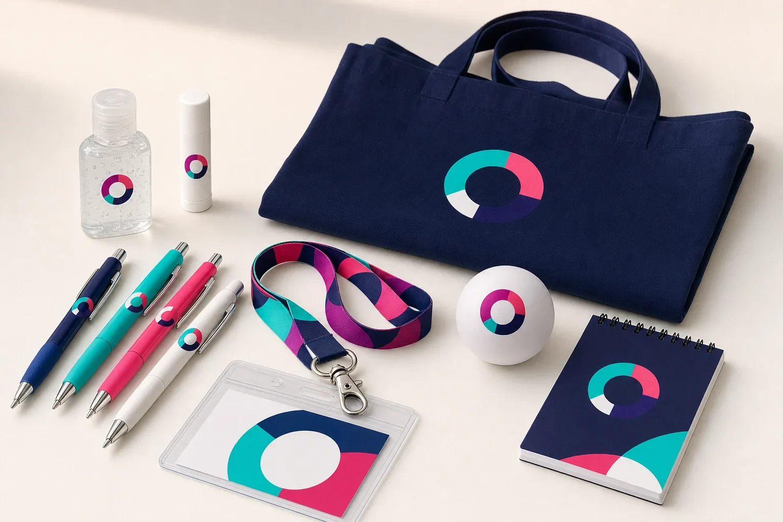 Budget-friendly trade show giveaways including pens, tote bags, lip balm, hand sanitizer, badge accessories, and stress relievers