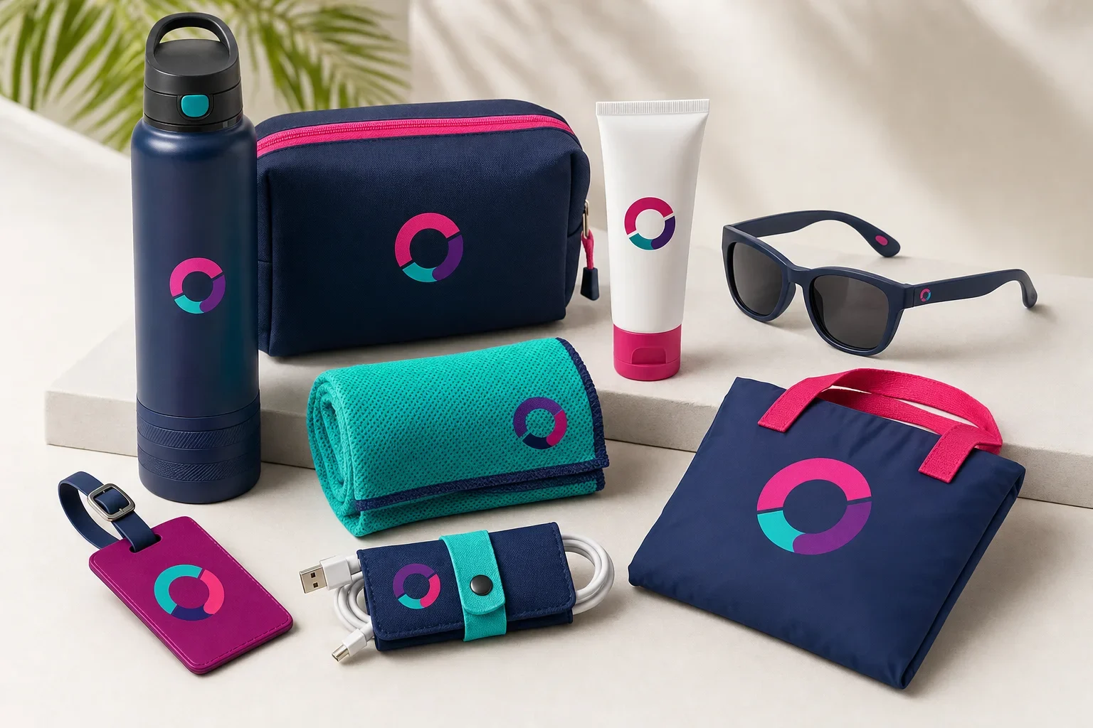 Outdoor and travel-friendly trade show giveaways including sunglasses, water bottle, cooling towel, sunscreen, travel pouch, and luggage tag