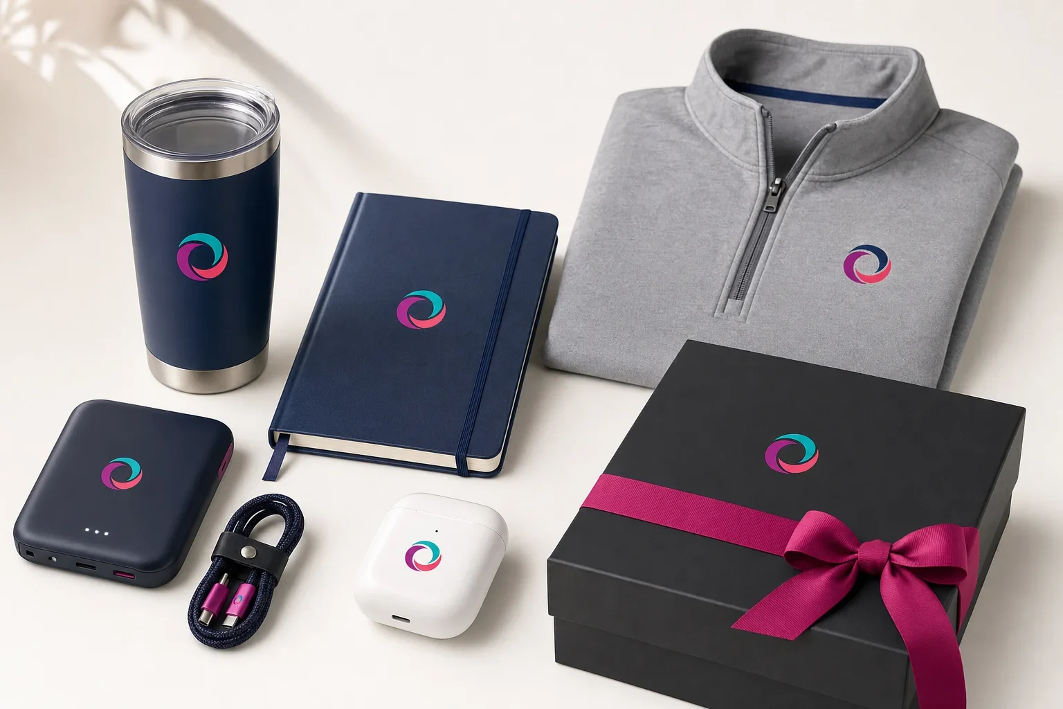 Premium trade show gifts for qualified leads including insulated drinkware, notebook, charger, headphones, and gift box