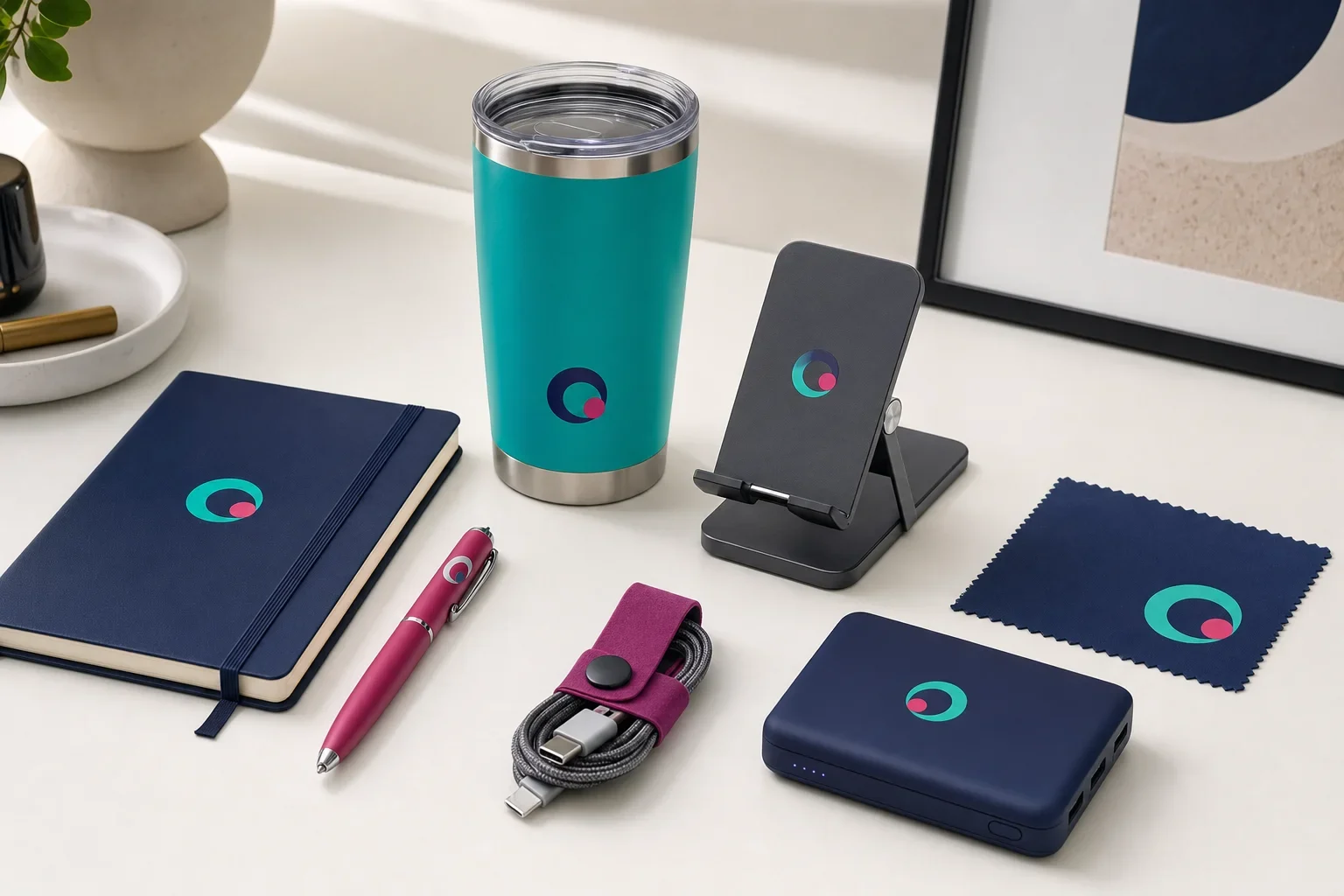 Trade show giveaways people use after the event including notebook, pen, tumbler, phone stand, microfiber cloth, and charger