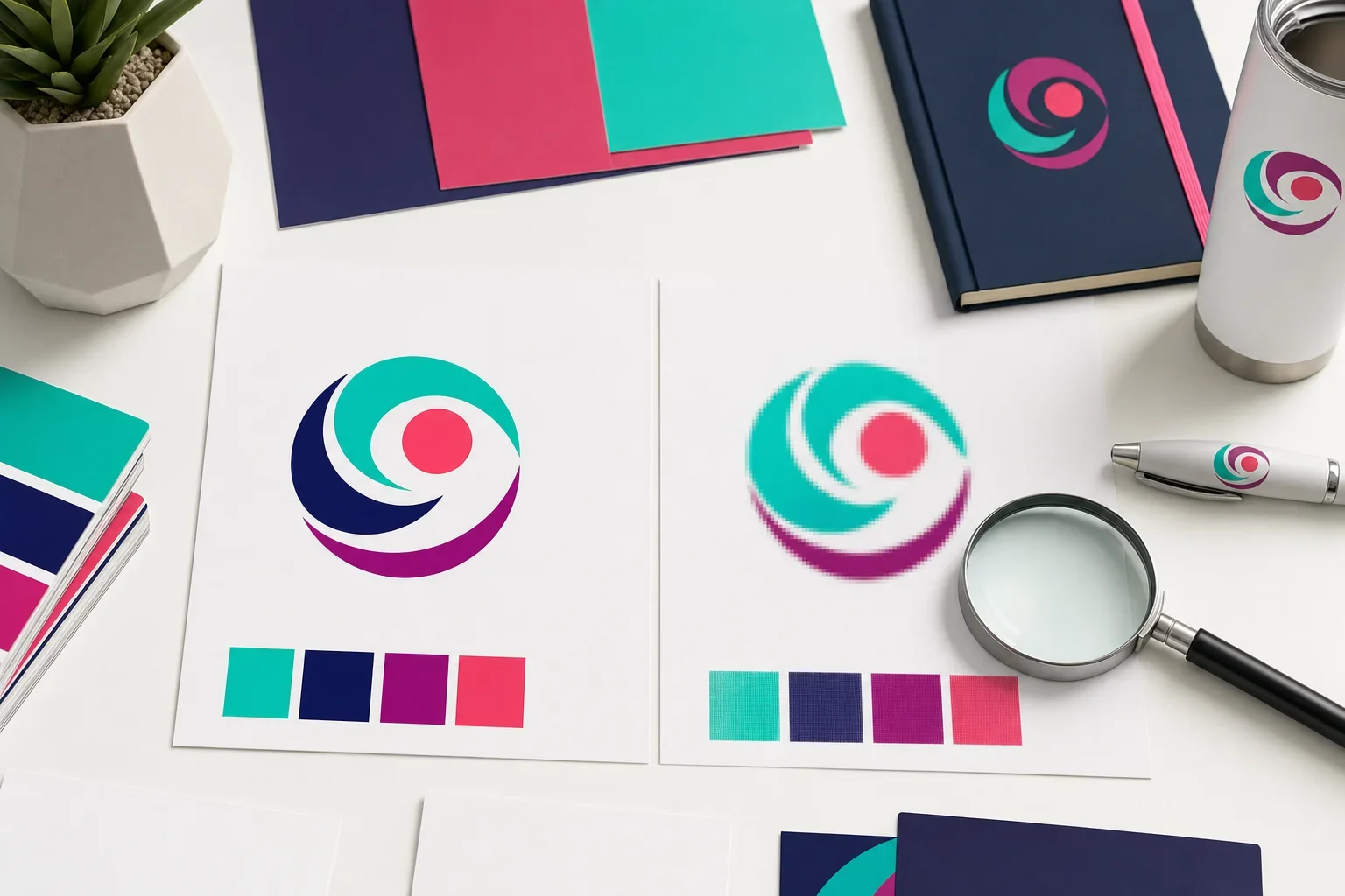 Abstract comparison of smooth vector logo artwork and pixelated raster logo artwork on design proof sheets
