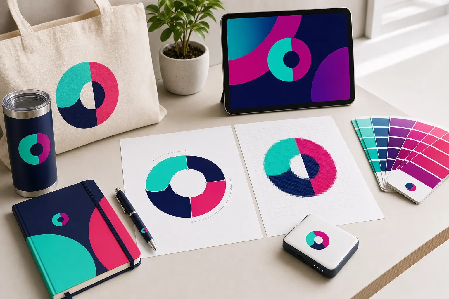Design studio desk comparing vector artwork and raster image artwork for promotional product printing