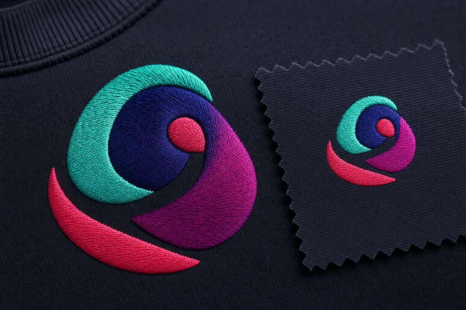 Close-up of colorful embroidery thread texture on apparel showing stitched gradients and small logo details