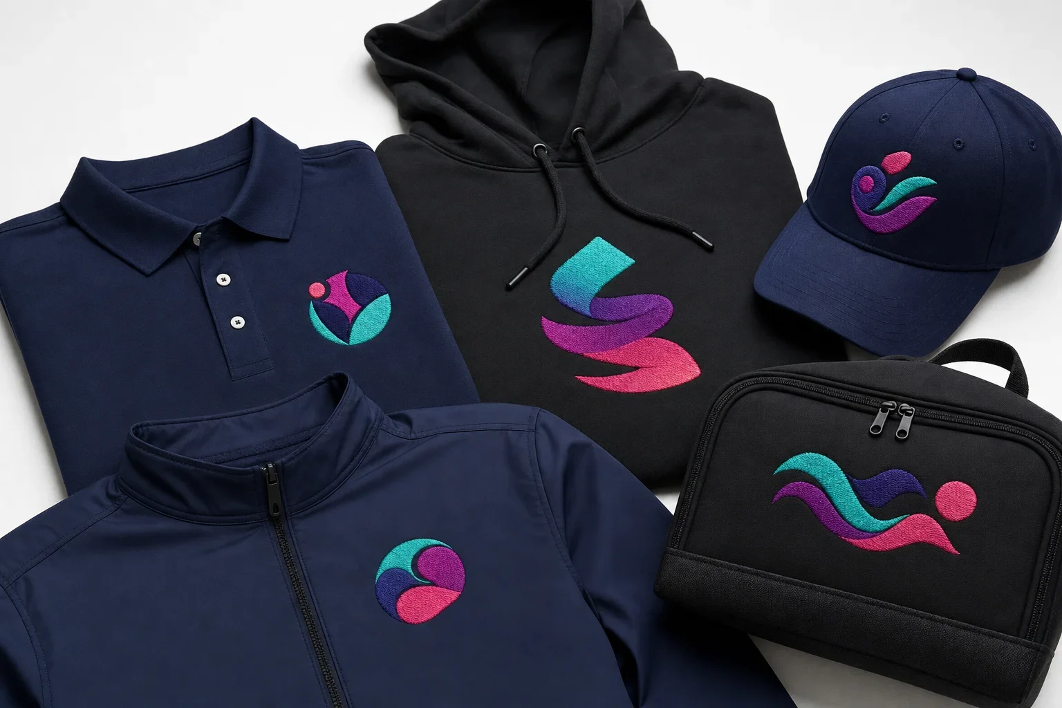 Examples of full color embroidery on a polo, hoodie, hat, jacket, and bag