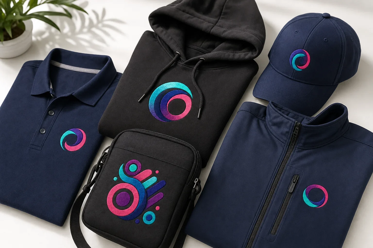 Custom apparel showing colorful embroidered logos on polos, hoodies, hats, jackets, and bags