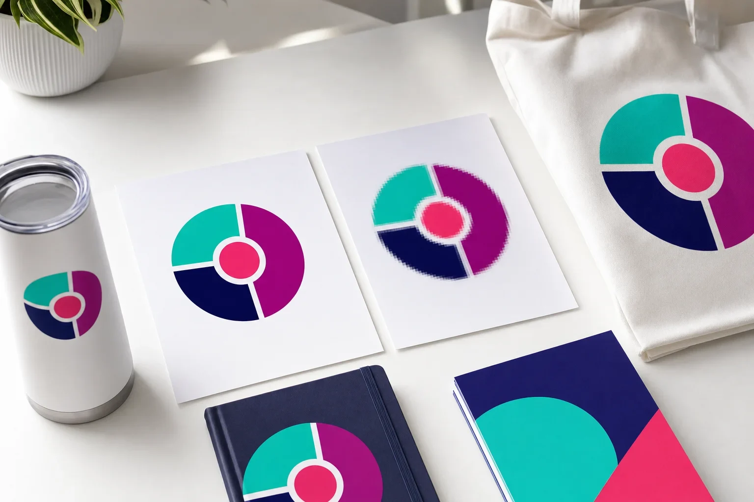 Abstract logo artwork showing crisp vector-style shapes compared with blurry pixelated raster-style shapes on proof sheets and product samples