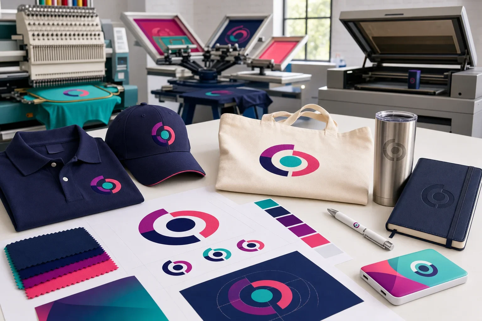 Production prep scene with vector artwork proofs, decorated promotional products, and printing equipment in the background