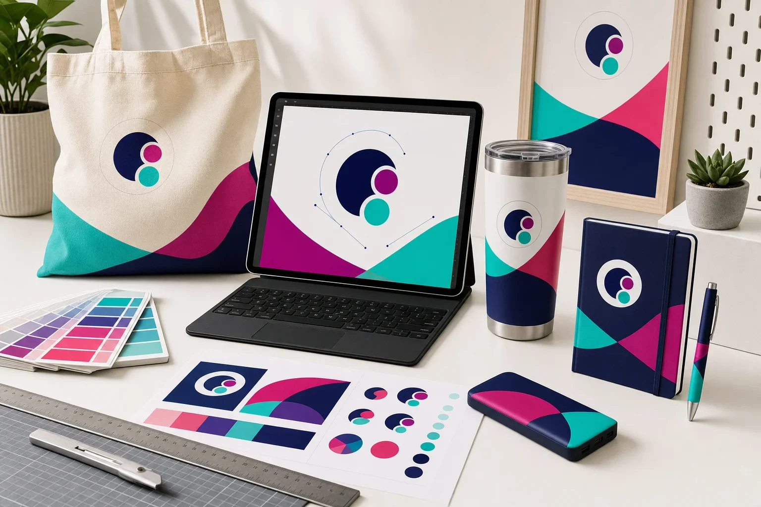 Design studio desk with vector artwork preparation, abstract logo paths, color swatches, proof sheets, and decorated promotional product samples