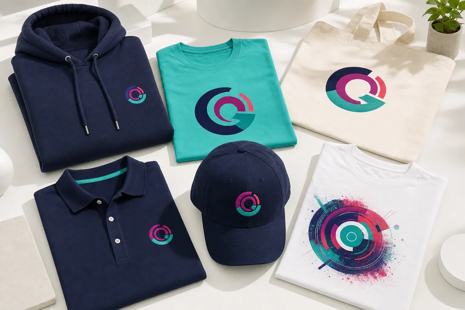 Custom apparel examples showing embroidery, screen printing, and transfer decoration on shirts, hoodies, hats, and tote bags