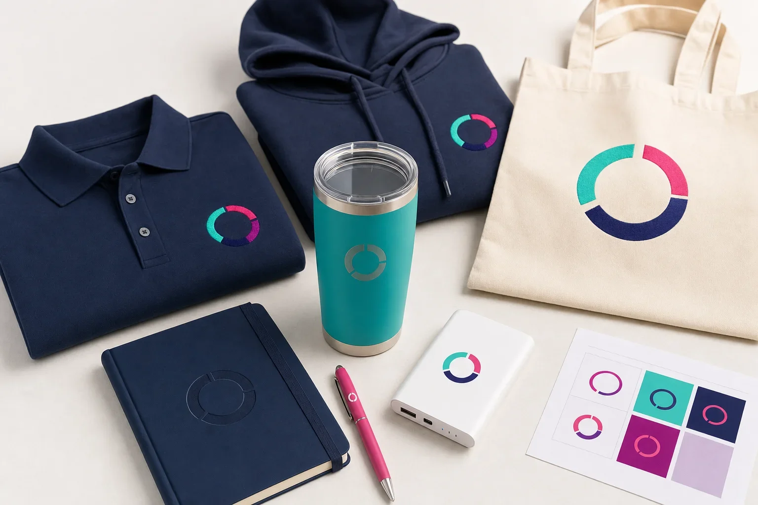 Custom promotional products showing different decoration methods including embroidered apparel, screen printed tote bag, engraved tumbler, printed pen, and full color notebook