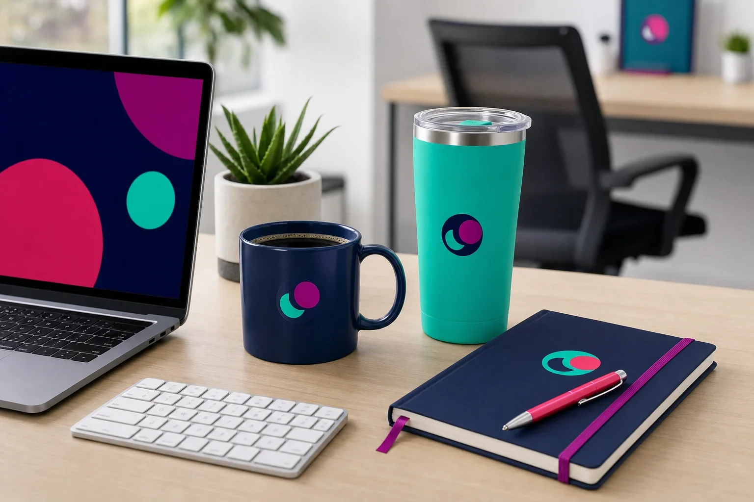 A branded coffee mug, tumbler, notebook, and pen on an office desk showing how promotional products stay visible during the workday