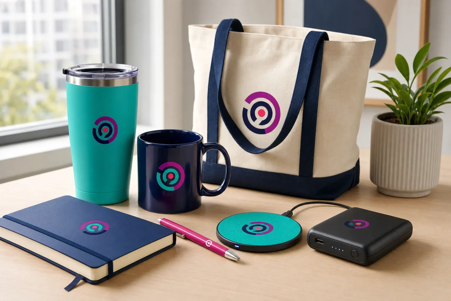 Branded promotional products including a tumbler, mug, tote bag, notebook, pen, wireless charger, and power bank on a clean office desk