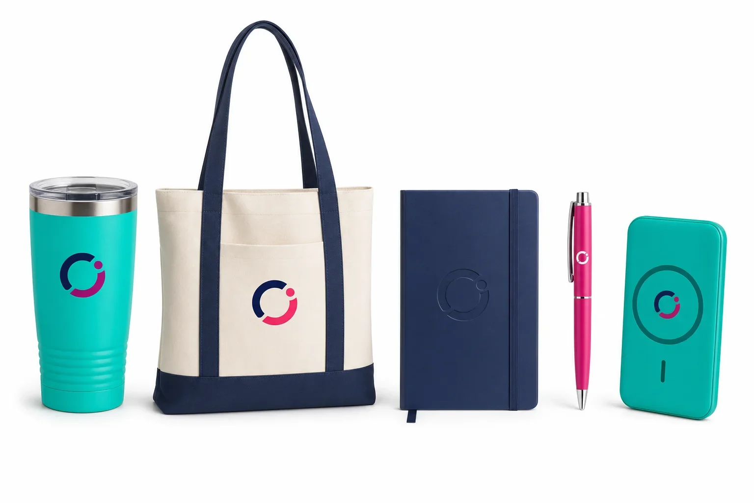 Useful promotional product examples including drinkware, tote bag, notebook, pen, and tech accessory