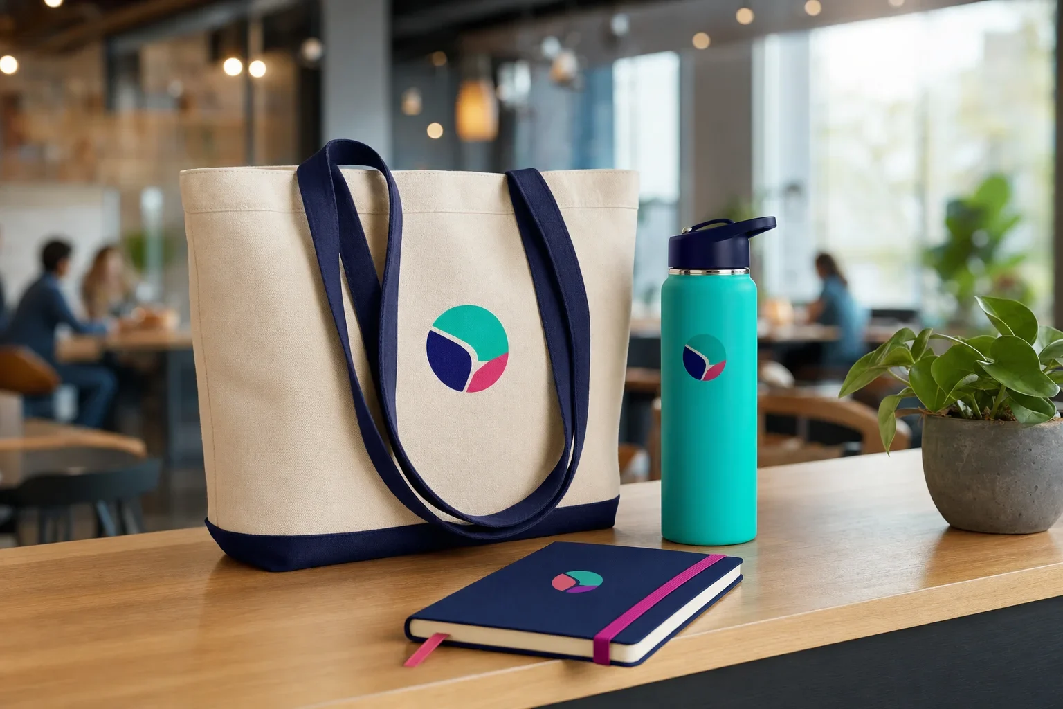 A branded tote bag, notebook, and water bottle in a public setting showing that promotional products can reach more than one person