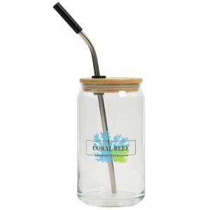 Full Color Glass Can Tumbler with Bamboo Lid